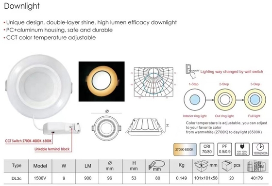 100lm/w 3 étapes 2700K-6500K Éclairage intérieur Muare Recesseini Tracé lave-murs projecteur LED Downlight Plafond en retrait Cob Down Light