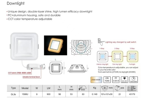 100lm/w 3 étapes 2700K-6500K Éclairage intérieur Muare Recesseini Tracé lave-murs projecteur LED Downlight Plafond en retrait Cob Down Light