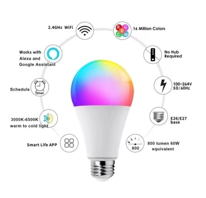 15000 heures de vie active Tuya Smart LED Bulb avec RGBCW multicolore et contrôle BT