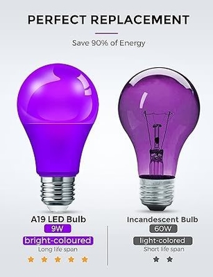 15000 Heures de travail Durée de vie ampoule LED violette A19 9W pour la décoration de la maison et des fêtes